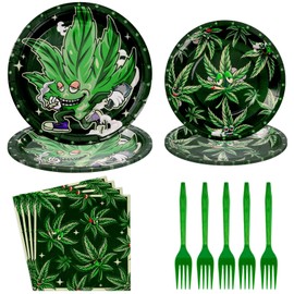 96Pcs Weed Themed Party Supplies Weed Party Plates Napkins Forks Weed Birthday Tableware for Green Pot Leaves Birthday Party, Weed Party Decorations for Adults, Serves 24