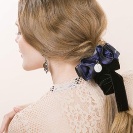EILY ILY [Floral Gift Box Included] Limited Bi-Color Satin Scrunchie (Royal Navy) with Initial Charm, Silver Plate, Polyester