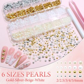 BELICEY 2 Boxes Flatback Nail Pearls Gems, Gold Silver Half Round Pearls Nail Charms, White Beige Pearl Beads for Nails, Mix Size Pearl Gem Rhinestones for Nail Art DIY Crafts Manicure Jewelry Decor