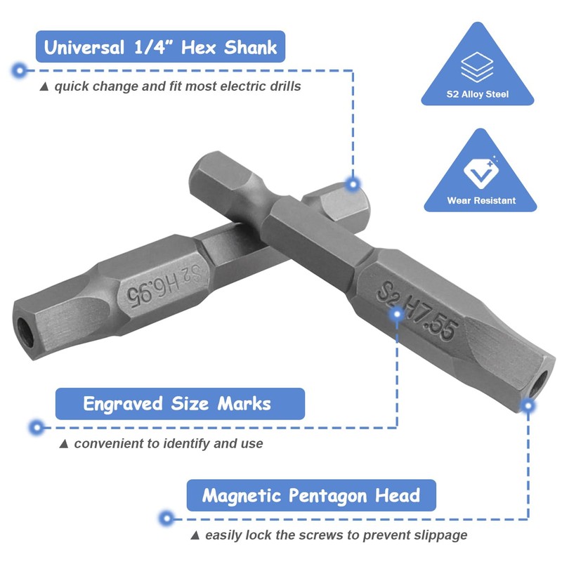 Mesee 10 Pieces H2.15-H7.55 Magnetic Pentagon Head Screwdriver Bits with
