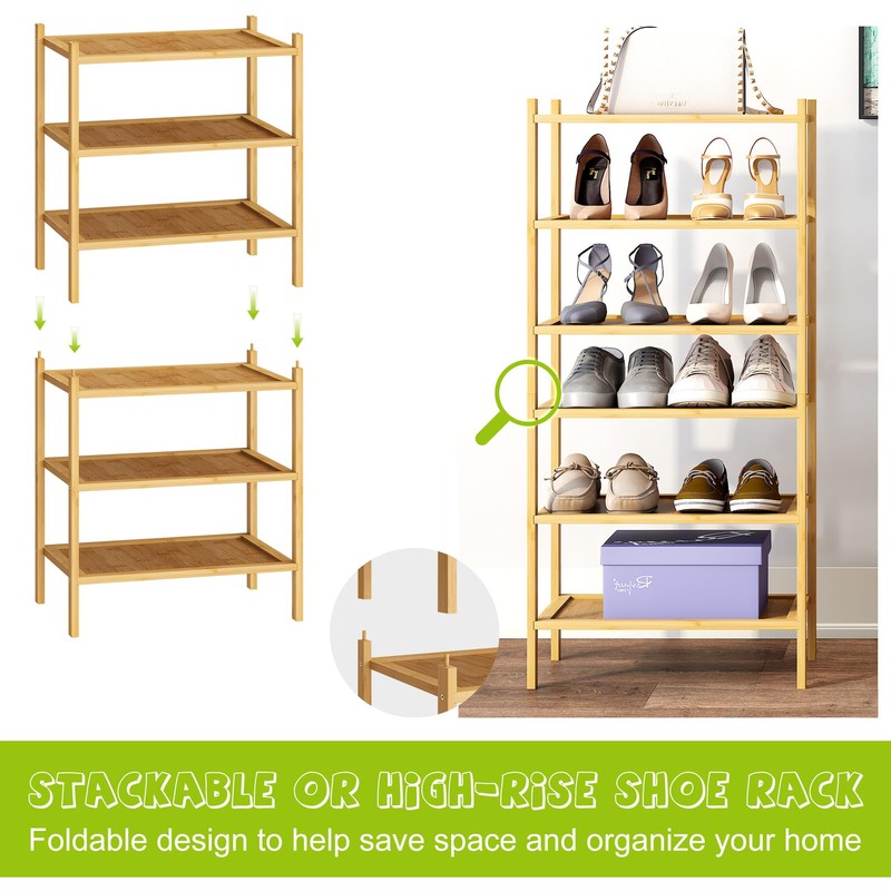 BMOSU 3-Tier Bamboo Small Shoe Rack Premium Stackable Shoe Shelf