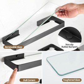 VOLPONE Bathroom Shelves Wall Mounted Glass Shelf for Bathroom Floating Shelf Tempered Glass Shelf 2 Tier Bathroom Wall Organizer(Black)