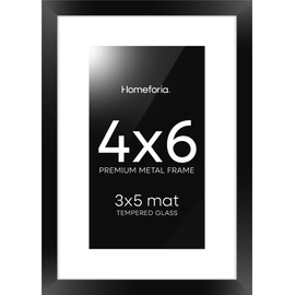 Homeforia 4x6 Picture Frame Black, High End Metal 4 x 6 Black Frames for Wall or Tabletop, 4 by 6 Picture Frame Photo Frame 4 x 6 with 3x5 Mat, Tempered Glass, Wall Hook Included, Set of 1