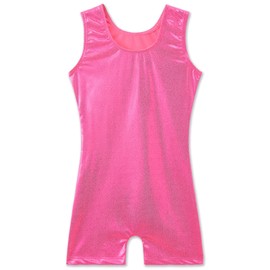 TENVDA Gymnastics Leotards for Girls 5-6 Years Old Sleeveless Biketard with Shorts Sparkly Glitter Hot Pink Tumbling Unitard