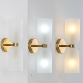 EFINEHOME Minimalist 2-Light Gold Wall Sconces with Cylinder Glass Shades- Mid Century Vanity Wall Double Lights Hardwired- Modern Indoor Glass Wall Mounted Art Decor Lights (Frosted White, 1 Pack)
