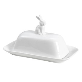 Bicuzat Ceramic Butter Dish with Lid Butter Keeper Butter Plate Tray for Kitchen Countertop Pure White 3D Rabbit Pattern Butter Crock Keeper Saver