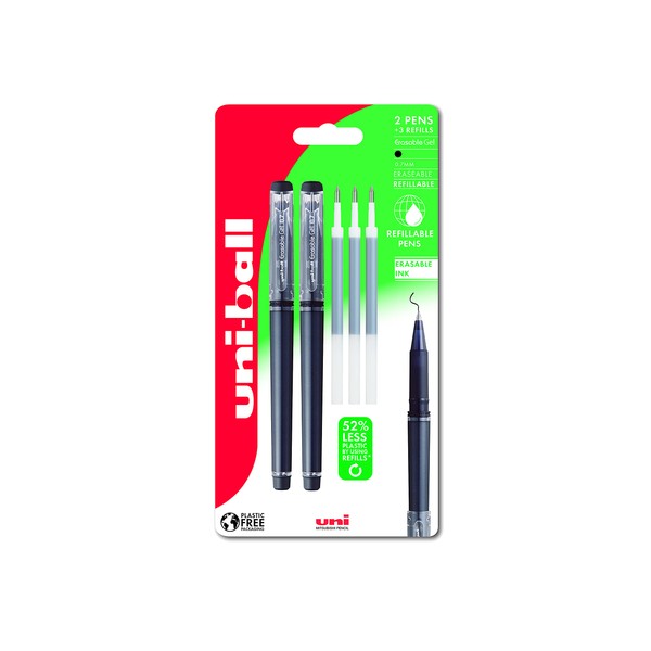 uni-ball UF-222-07 Erasable Rollerball Gel Pens. Premium 0.7mm Ballpoint Tip for Super Smooth Writing, Drawing & Colouring. Easy-Retract Eraser for Secure and Stable Rubbing Out. 2 + 3 Refills Black