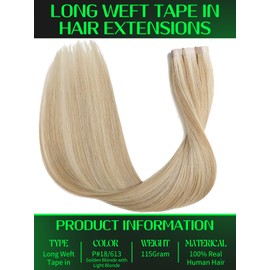 Anrosa Long Weft Tape in Hair Extensions Human Hair 20 Inch Wide Hair Extensions Real Human Hair Tape in Golden Blonde with Light Blonde Color 50g