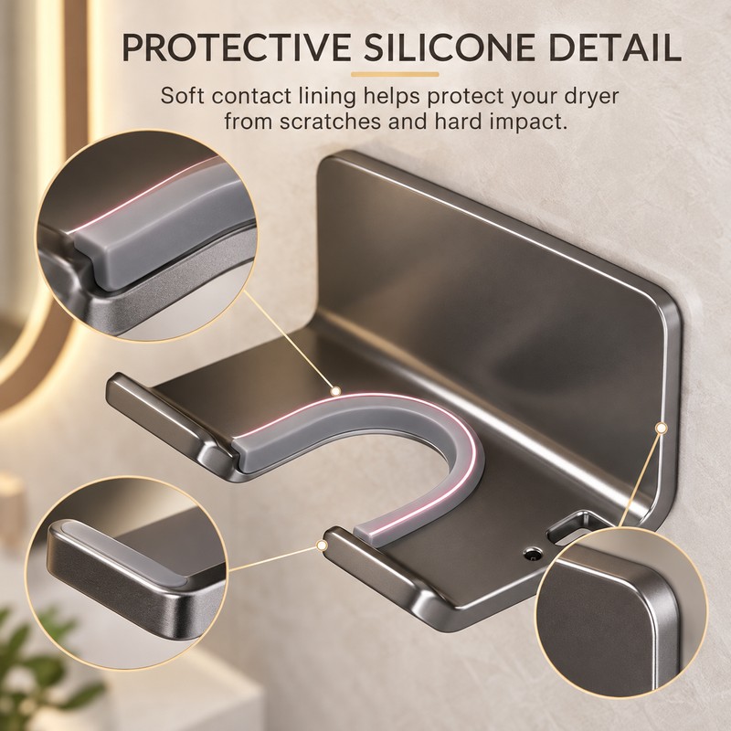 Hair Dryer Wall Holder for Bathroom – No-Drill Aluminum Storage