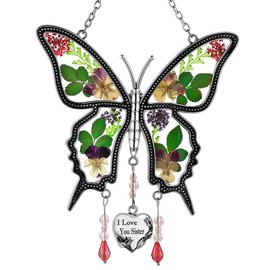 Butterfly Suncatcher Glass Butterfly Suncatchers Wind Chime with Pressed Flower Wings Embedded in Glass with Metal Trim I Love You Sister Heart Charm Sun-Catchers Gifts for Sister Birthdays…