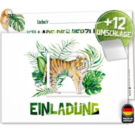 Olgs 12 x invitation cards for children's birthday tiger, perfect invitation for children's birthday or children's party, birthday invitations to fill out, party invitations, green, jungle
