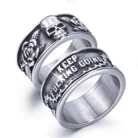 ELFASIO Keep Going Ring Stainless Steel Gothic Rose Skull Rings for Men Women Band Silver Skeleton Cocktail Party Ring Size 11