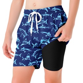 Bathing Suits for Big Boy Funny Sharks Swim Trunks with Compress Kids Deep Blue Quick Dry Swimming Wear Size 14-16 Hawaiian Board Shorts with Pockets