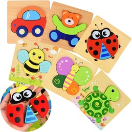 TMR.Breath G Shaped Puzzle 6 Types Animals Car Insects Wooden Handplay Colorful Matching Round Edge Birthday Gift