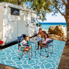 FairOnly 9×18 Large Outdoor Rug Waterproof Plastic Straw Rug Modern Rug Floral Outdoor Area Rug Carpet Rv Mat Outdoor Patio Camping Rug for Picnic Backyard Deck Balcony Porch,Light Blue and White