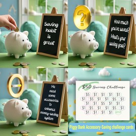 Piggy Bank Money Goal Tracker,Saving Sheet,Piggy Bank Accessory-Financial Education Journal, Companion for Piggy Bank-Saving Challenge card, Teaching Money Tool, 16 pcs with Wooden Stand-Hard Mode