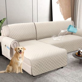 H.VERSAILTEX 100% Waterproof Couch Covers for Sectional Sofa 2-Piece Couch Covers Sectional Couch Cover L Shaped for Dogs Non Slip (Left Chaise Lounge Cover + 3 Seat Sofa Cover, Coconut Milk)