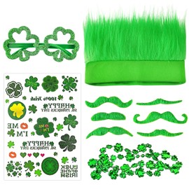 Premium 9-pcs St. Patrick's Day Accessories Set Irish Day Party Supplies Shamrock Glasses & Necklaces, St. Patrick Day Green Hat & Green Beards, and Temporary Tattoo for Saint Patricks Party Favors