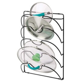 mDesign Metal Wire Pot and Pan Lid Rack Organizer for Kitchen Cabinet Doors or Wall Mount - Upright Storage Holder with 5 Slots - Black