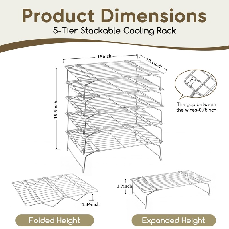 Herogo 5-Tier 15" x 10" Cooling Rack, Stainless Steel Baking