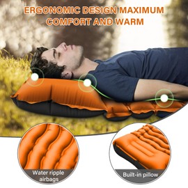 Camping Sleeping Pad, Ultralight Camping Pad with Pillow Built-in Foot Pump Inflatable Sleeping Pads Compact for Camping Backpacking Hiking Traveling - Orange