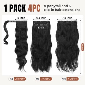 Flufymooz 4PCS Half Up Half Down Ponytail Extension Set, Fake Ponytail Soft Synthetic Hairpiece for Women, Long Thick Clip in Hair Extensions Wavy Fuller High Wrap Around (Natural Black 22In)