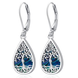 Tree of Life Earrings for Women, Hanging Earrings Tree of Life Silver 925 with Abalone Bowl, Women Jewellery for Her Girlfriend, Sterling Silver