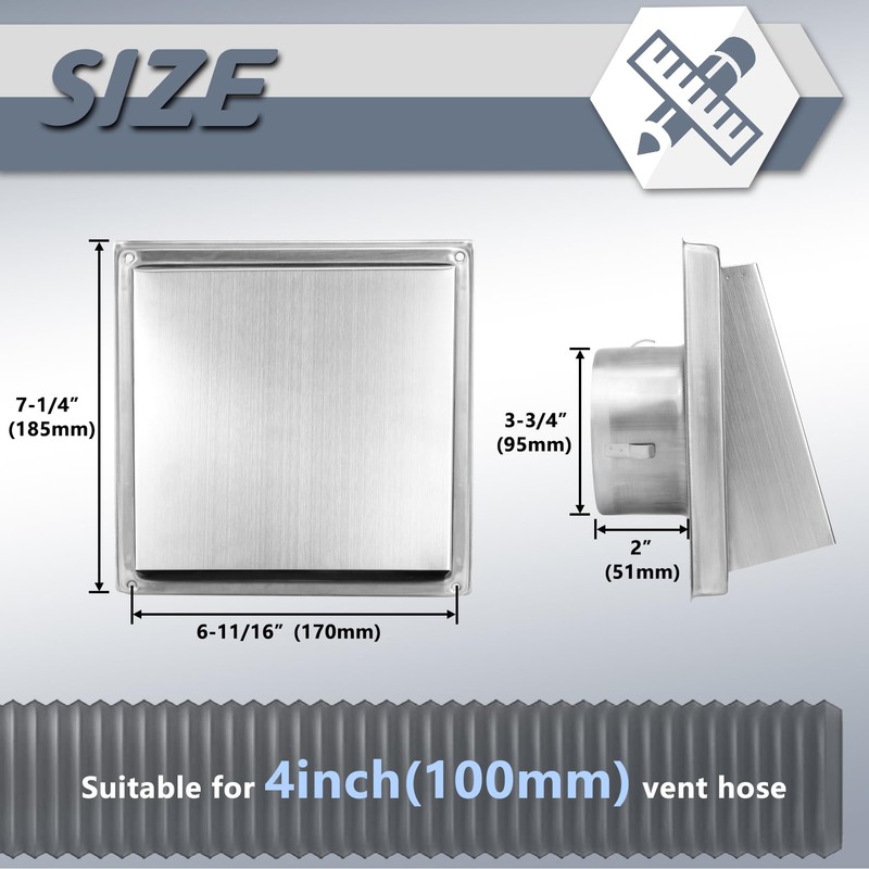 Flamorrow 4in Dryer Vent Cover for Exterior Wall, Stainless Steel