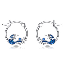 YFN Beach Starfish Earrings for Women Sterling Silver Ocean Wave Hoop Earrings, Sterling Silver, Cubic Zirconia