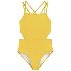 Kanu Surf Girls' Beach Sport Cut-Out 1-Piece Swimsuit, Solid Yellow, 16