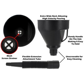Wekster Oil Funnel with Hose - Wide Mouth Gas Funnel with Handle - Large Funnels for Automotive use - Long Flexible Spout Extension, Removable Mesh Filter for Water, Fuel, Transmission, Oil Change