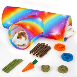 Hedgeink Guinea Pig Tunnel, Collapsible 3 Way Guinea Pigs Hideout Washable Rabbit Tunnel with Chew Toys Rabbit Toys for Guinea Pig Cage Accessories