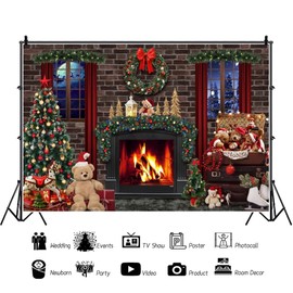 Christmas Backdrop 7x5ft Christmas Fireplace Photography Background Christmas Tree Xmas Gift Box Background Happy New Year Party Decoration Banner