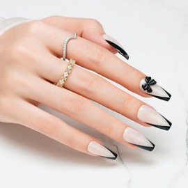 Black French Tip Press on Nails Medium, Jofay Fashion Fake Nails with Designs, False Nails with Glue, Acrylic Nail Tips, Natural & Reusable, Stick on Nails for Women Girls, Black Coffin French, 24pcs