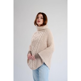 SAOL Women's 100% Merino Wool Cable Knit Irish Aran Poncho Cardigan, parsnip, One Size