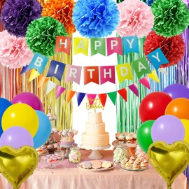 HipTree 62pcs Colorful Birthday Party Decorations,Gifts for Women or Kids, Happy Birthday Banner with Balloons,Paper Pom Poms,Pennant,Foil Fringe and Hearts for Party Decor