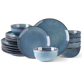 AmorArc Ceramic Dinnerware Sets for 6, 18 Pieces Handpainted Plates and Bowls Set, Scratch Resistant Stoneware Dishes Set, Dishwasher & Microwave Safe, Ceylon Blue