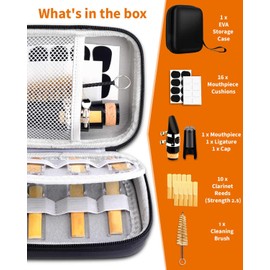 LMS Bb Clarinet Mouthpiece Kit with Case, Clarinet Mouthpiece Accessories Set for Beginners, Clarinet Mouthpiece Metal Ligature 2.5 Reeds Cushions Pads Cap Brush EVA Storage Case