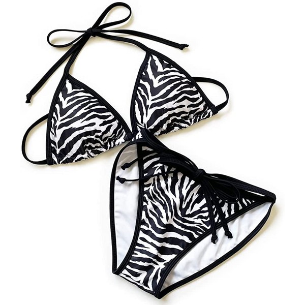 (JULIUS) Zebra Pattern Triangle Bikini Top and Bottom Set Thongs Women's For Women Polyester Spandex Stretch Black X White Julius