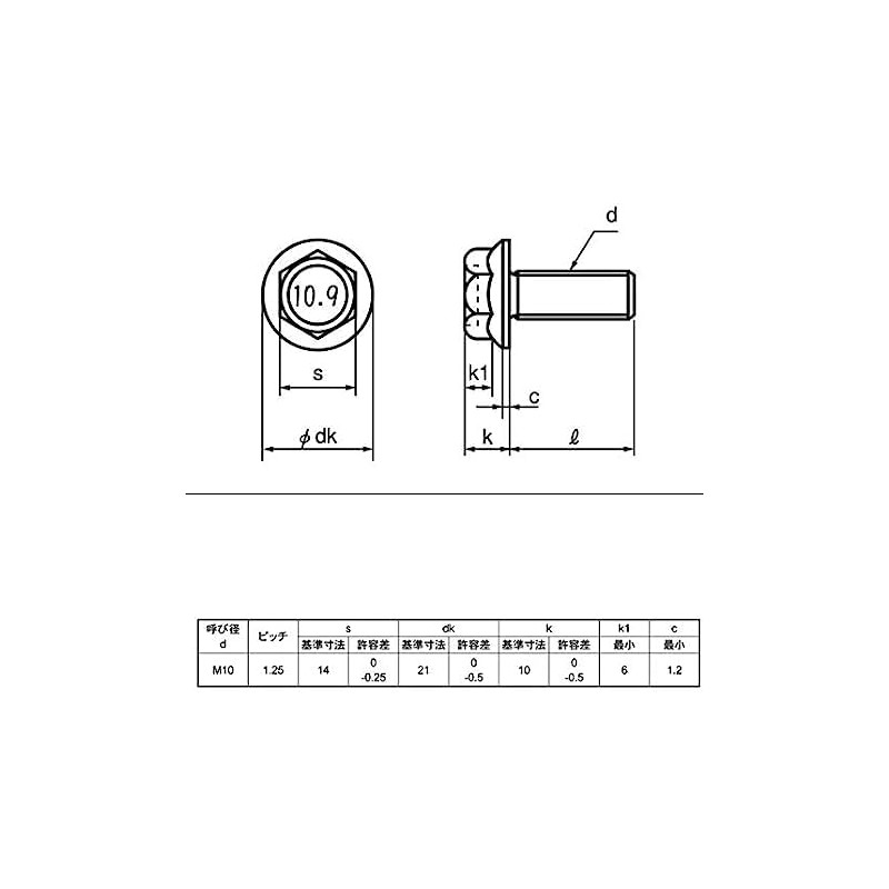 10.9 Strength Flange Bolts M10P = 1.25 (Fine) X 25L