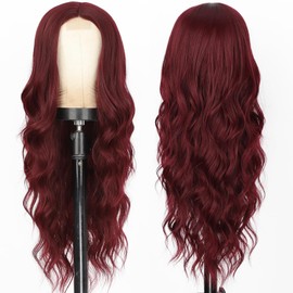 XIXIBI Long Wine Red Wigs for Women, Synthetic Curly Wavy Wigs 26 Inches, Middle Part Heat Resistant Fiber Wig for Daily Party Use