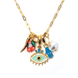 Paperclip Pendant Protection Necklace - Pendant Necklace With Italian Horn Evil Eye Hand and Foot Pearls (Beliefs)