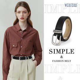 WERFORU Women's Leather Belt with Silver Buckle Ladies Fashion Faux Leather Waist Belt for Jeans Pants Dresses Black