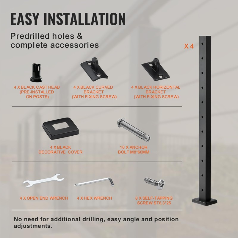 VEVOR 4-Pack Cable Railing Post, 36" x 1" x 2"