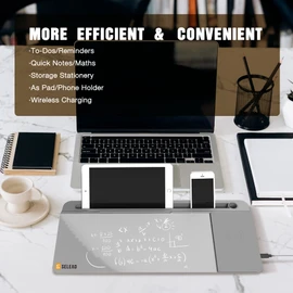 SELEAD Desktop Glass Whiteboard with Wireless Charger Station, Dry Erase White Board Computer Pad Keyboard Stand with Organizer for Home, School, Office Desk Accessories, Gray
