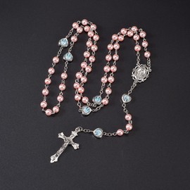 Pink Pearl Beaded Rosarios Catolicos Rosary Necklace with Holy Mary Silver Medal and Cross with Sacred Jesus Crucifix for Women and Men Faithful Catholic Gifts for First Communion or Baptism