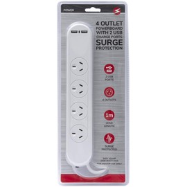 Surge Powerboard 4 Way w/ 2 USB Charging Port Strips Outlets 1M Phone SAA AU