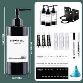Roselee Soap Dispenser Wall Mounting Set 500 ml Soap Dispenser Wall Black Soap Dispenser No Drilling Plastic Pump Dispenser with Funnel and Waterproof Labels Shampoo Dispenser for Kitchen Bathroom