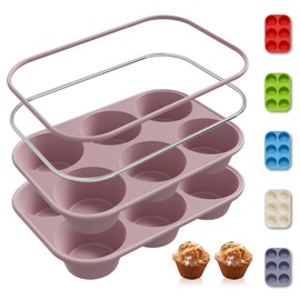 2 Pack 6 Cups Jumbo Muffin Pan with Metal Reinforced Frame Silicone Molds Egg Bites Silicone Circle Cookie Molds Extra Large Muffin Tin Jumbo Tart Pans Baking Sheet Set for Sandwiches