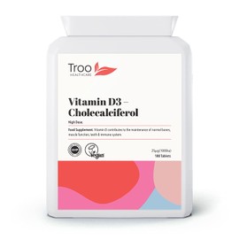 Vitamin D3 25µg 1000iu Supplement - 180 High Strength Vegan VIT D Tablets - Daily Cholecalciferol Supplement - Immune System Support Vitamins - UK Manufactured